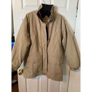 St Johns Bay Mens Medium Tan Canvas Field Jacket Plaid Flannel Lined Parka Coat